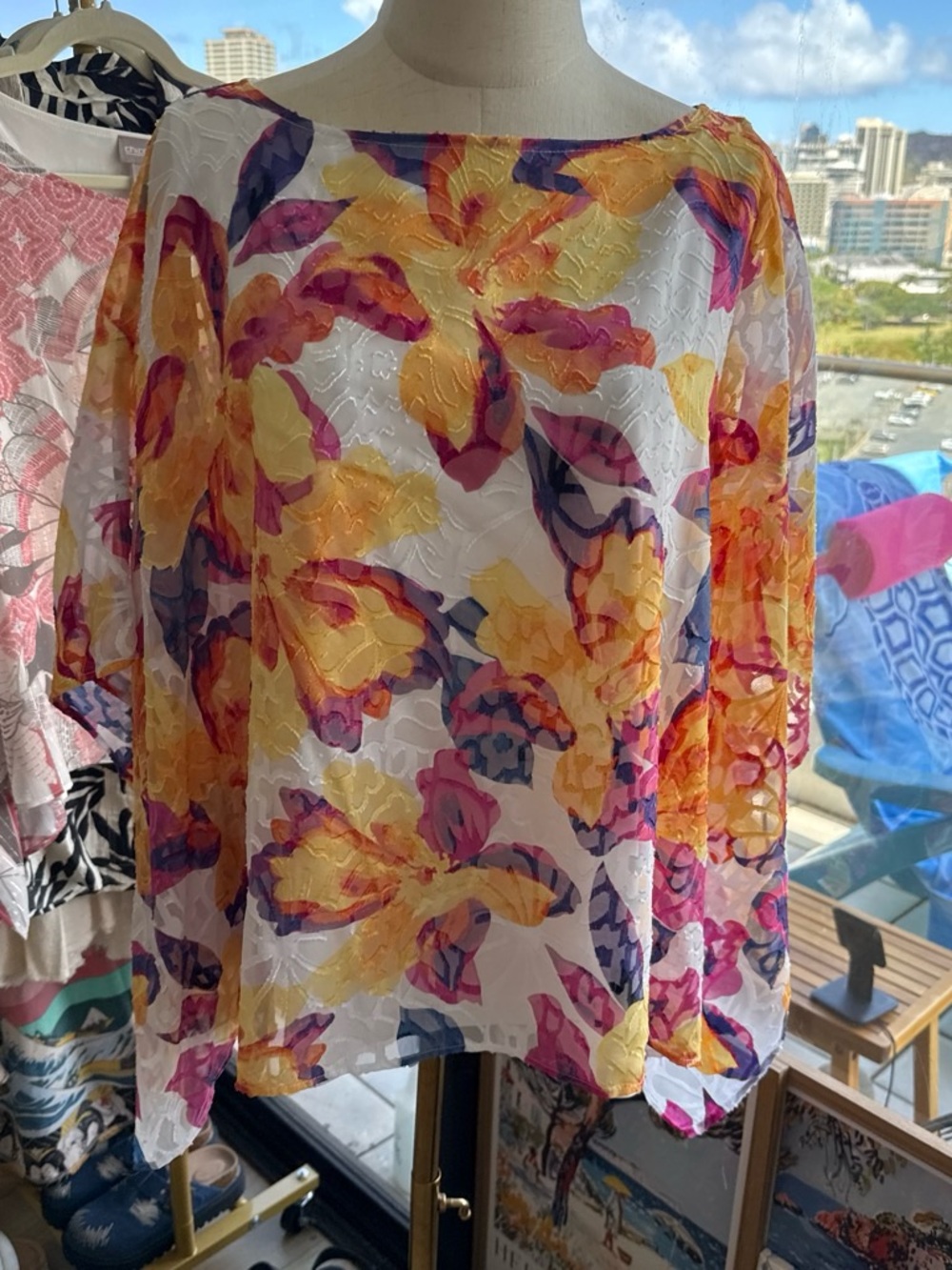 Chico's Sheer Floral Boatneck Blouse in White, Yellow & Pink